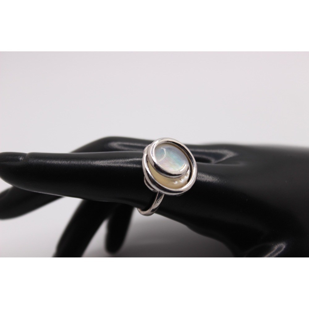 Vintage 925 Sterling Silver Mother of Pearl Orbital Swirl Ring Size 8.5